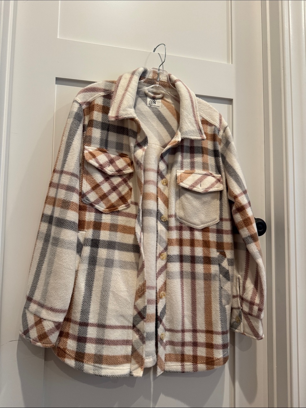 Altar'd State Plush Plaid Shacket in Cream, Tan, Gray and Blush